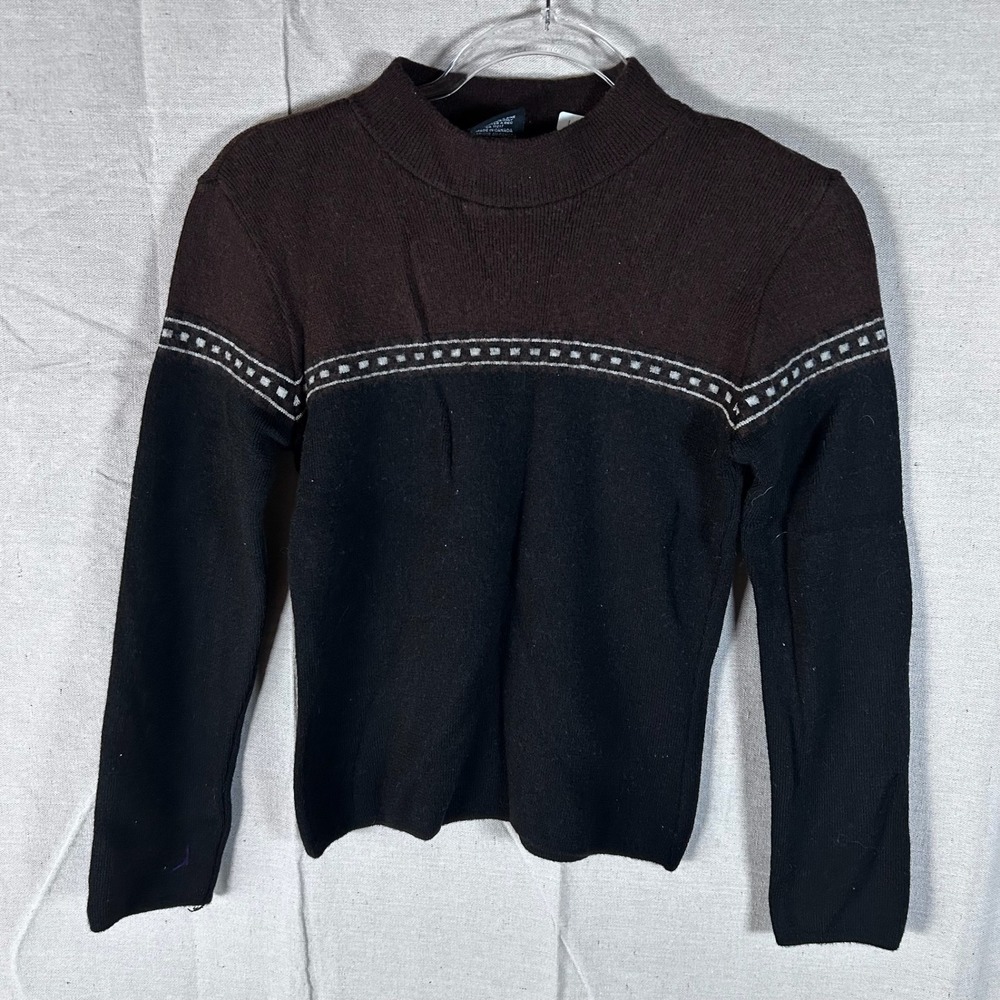 EIR Womens 100% Wool Mock Neck‎ Sweater Brown Black Colorblock Made in Canada M